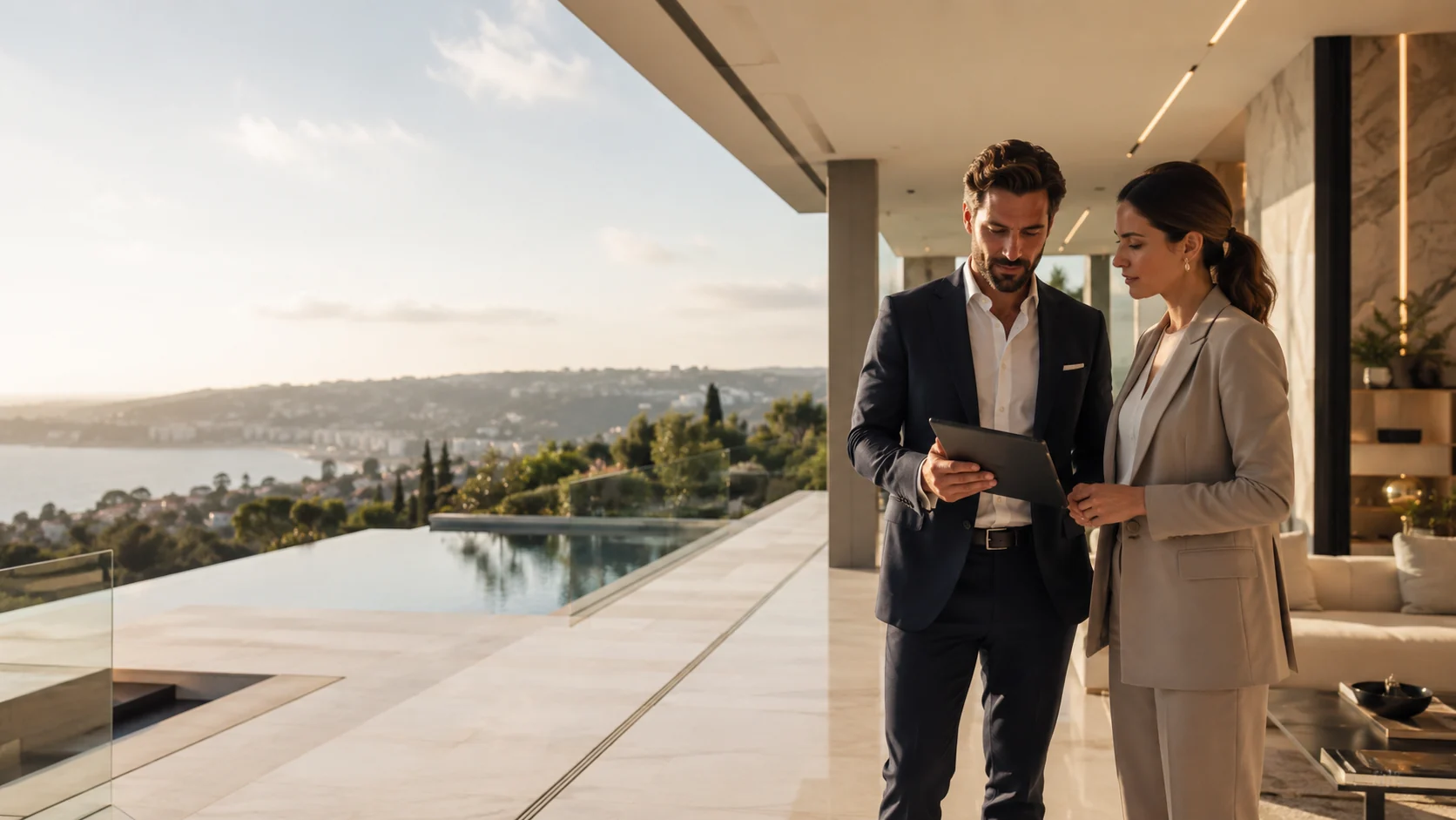 Two property professionals reviewing a management plan at a modern home